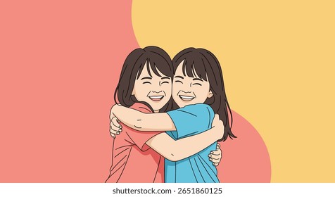 Two Joyful Sisters Embracing Each Other in a Warm Colorful Embrace Sharing a Moment of Pure Happiness Together