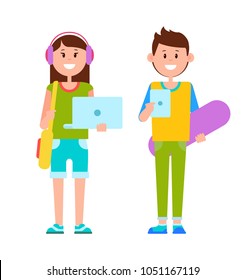 Two joyful teenagers dressed in casual clothes, bright blue laptop and tablet, lilac skateboard and headphones, vector illustration isolated on white
