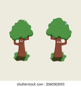 Two joyful trees stand in the park. Both are lush foliage. Birds chirp on their foliage. 