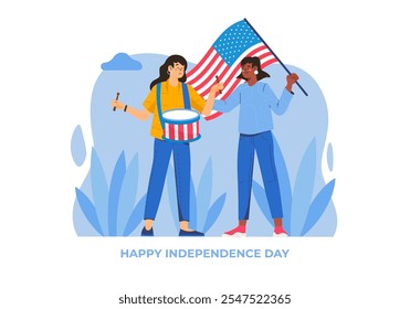 Two joyful women celebrate Independence Day with a drum and an American flag. They are surrounded by abstract shapes. Vector illustration