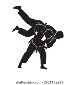 Two judo athletes in a competition match perform a throwing technique in silhouette.