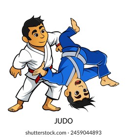 Two judo athletes isolated on white background in cartoon style. Summer Games 2024. Vector illustration.