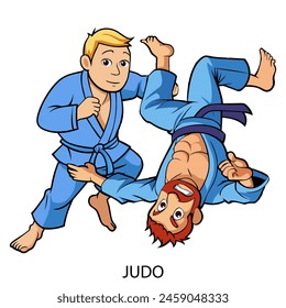 Two judo athletes isolated on white background in cartoon style. Summer Games 2024. Vector illustration.