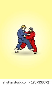 Two judo fighter grappling for dominance in a face-off. Hand drawn vector illustration.