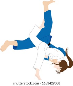 Two judokas fighting. Judoka in white judogi throwing opponent with UCHIMATA