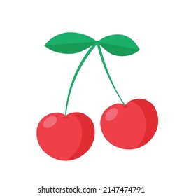 Two juicy red cherries isolated on white background. Healthy food concept. Vector illustration.