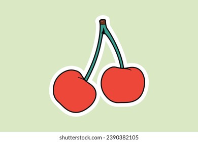 Two Juicy Red cherries logo sticker design vector. Food objects icon concept. Cherry sticker design logo icon.