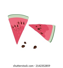 Two juicy slices of fresh bright red watermelon with seeds 