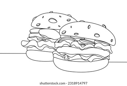 Two juicy stuffed burgers side by side. National Junk Food Day. One line drawing for different uses. Vector illustration.