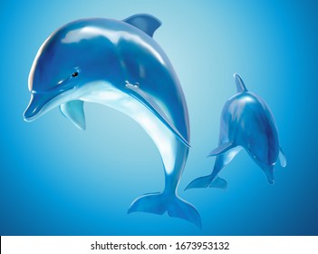 Two jumping bottlenose dolphins in 3d illustration