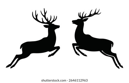 Two jumping deer silhouette vector on white background, wild animal design