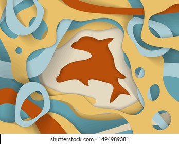 Two Jumping dolphins in papercut style. Paper sea waves and couple of whales. Paper cut illusion of depth 3d vector. Marine wildlife. Origami style with wavy lines