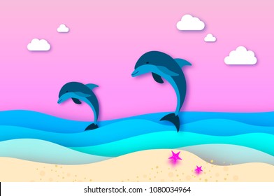 Two Jumping dolphins in the sea in paper cut style. Origami layered beautiful seascape and sky. Hawaii Pacific Ocean wildlife scenery. Marine animals in natural habitat.