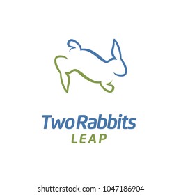 Two Jumping Leaping Rabbits Bunny Hare logo design 