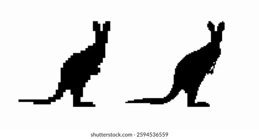 Two kangaroo silhouettes in profile show their long tails and large hind legs. they stand in distinct poses.