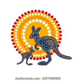 Two kangaroos and sun in decorative ethnic style on white background. Aboriginal tribal styled kangaroo. Australia aboriginal traditional culture art style of dot. Aboriginal tribal art craft. Vector