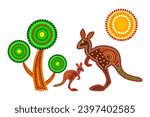 Two kangaroos, tree and sun in decorative ethnic style.Aboriginal tribal styled kangaroo.Australia aboriginal traditional culture art style of dot.Aboriginal tribal art craft.Stock vector illustration