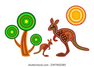 Two kangaroos, tree and sun in decorative ethnic style.Aboriginal tribal styled kangaroo.Australia aboriginal traditional culture art style of dot.Aboriginal tribal art craft.Stock vector illustration