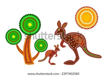Two kangaroos, tree and sun in decorative ethnic style.Aboriginal tribal styled kangaroo.Australia aboriginal traditional culture art style of dot.Aboriginal tribal art craft.Stock vector illustration