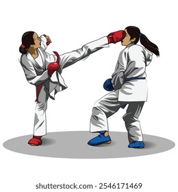 Two karate athletes are competing in kumite. Kumite is a fight in karate. isolated on white background.