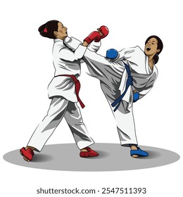 Two karate athletes are competing in kumite. Kumite is a fight in karate. isolated on white background.