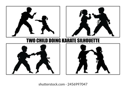 Dos niños luchadores de karate en un partido, dos niños haciendo silueta de karate,