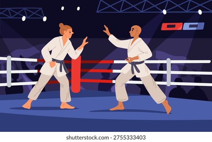 Two karate fighters battle it out in ring. Martial arts competition. Strong athletes in kimono. Sport tournament. Uppercut beat. Opponents sparring. Judo championship. Taekwondo battle. Vector concept
