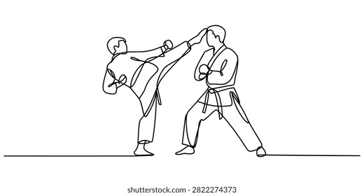 Two karate fighters sparring in a continuous line art drawing style