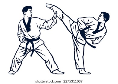 Two karateka men in kimono practicing karate - vector illustration