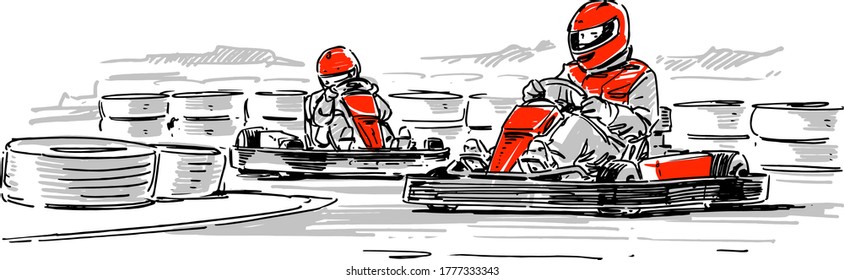 Two Kart Racers compete with each other. Hand Drawn illustration
