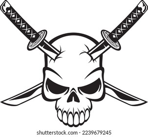 Zwei Katana Samurai-Schwerter, die einen menschlichen Schädel durchbohren
