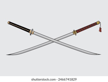 Two katana sword crossed flat vector illustration