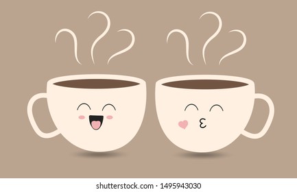 Two kawaii coffee mugs in coffee colors with shadow