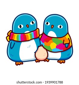 Two Kawaii Cute Blue Penguin Dads With A Rainbow Scarf And Tee And An Egg, New Gay Parents. Chibi Art Style. Design For Stickers, Greeting Cards, T-shirts, Posters. Isolated On White Background.