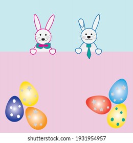 two kawaii style easter bunnies and beautiful colorful eggs with space for your text, greeting card design template, banner