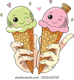 Two kawaii-style ice cream cones smile at each other. the illustration shows two horns with animated faces. One cone is strawberry, the other pistachio, and both of them are smiling happily.