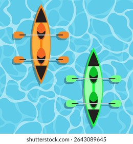 Dois caiaques na água, vista superior, ilustração vetorial.