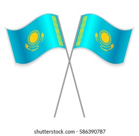 Two Kazakh crossed flags. Combined Kazakhstan isolated on white. Language learning, international business or travel concept.