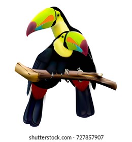 Two keel-billed toucans sitting on the branch. Vector illustration isolated on white background