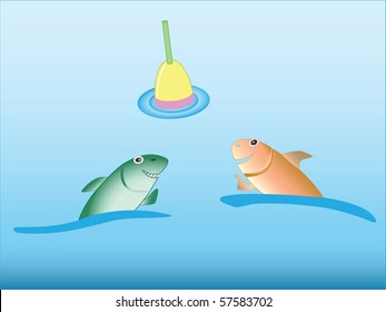 Two keen smiling fishes look on fisherman float - abstract illustration
