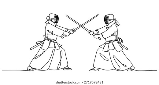Two kendo practitioners in a dynamic sparring match, showcasing traditional japanese martial art Vector, illustration