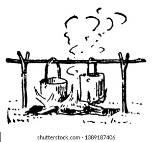 Se prenden dos hervidores de agua para preparar alimentos con apoyo de dibujo de palo, línea vintage o ilustración de grabado.