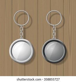 Two key chain pendants on wooden background. Blank template. Business identity mock up. Vector illustration.