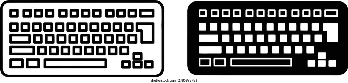 Two keyboard vector graphics one outlined and one filled black represent data input devices for technology and communication applications.