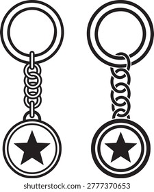 Two keychains with star medals. Black silhouette icons. Flat design elements.