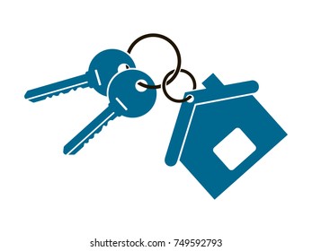 two keys from the apartment with a keychain in the form of a house isolated
