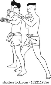 The two kick boxer are post an action on bare foot with Thai gloves.