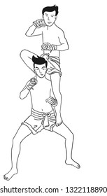 The two kick boxer are showing entertainment to amaze people by standing on a leg and being hanged on a once shoulder by a pieces of clothing for a sport shoulder blokes.