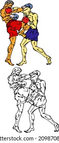 Two kickboxer engaged in a fighting bout. Hand drawn vector illustration.