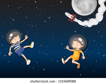 Two kid astronauts in space illustration